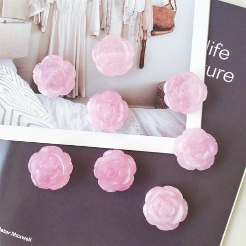 4PCS Hand Carved Natural Crystal Rose Flower Figurines Decor Set Drilled Flower Stone Kit for DIY, Jewelry Making, Rose Quartz