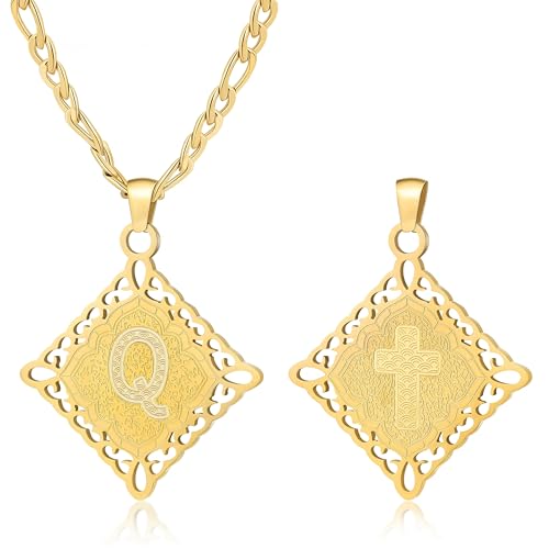 LETFLY Initial Necklaces for Women Men, 18K Gold Plated Letter Cross Pendant Necklace Alphabets A-Z Figaro Chain Jewelry Gifts - color: Rhombic, style: Letter Q