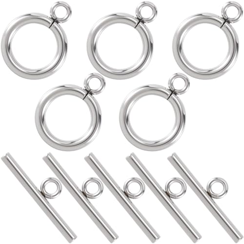 5 Sets Toggle Clasps for Jewelry Making, 12mm Stainless Steel OT Toggle Jewelry Clasps, T-Bar Round Ring Closure Connectors for DIY Bracelet Necklace Anklet- Silver - color: Silver-B Style