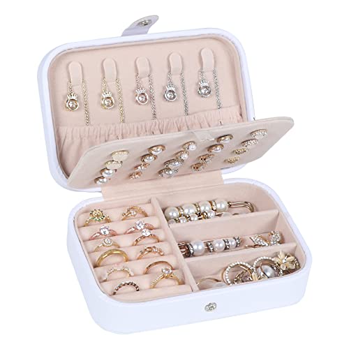 Hatori Travel Jewelry Box, PU Leather Small Jewelry Organizer for Women Girls, Portable Mini Travel Case Display Storage Holder Boxes for Stud Earrings, Rings, Necklaces, Bracelets (White Beige) - color: White Beige