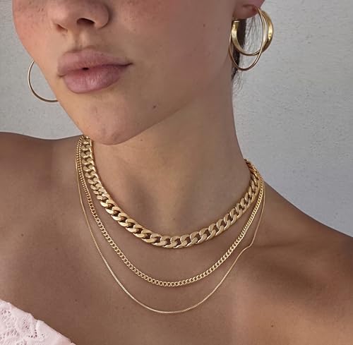 Tewiky Layered Necklaces for Women Non Tarnish- Chunky 14k Gold Plated Herringbone/Snake/Rope/Box/Cuban Link Chain for Women Waterproof Layering Stack Choker Necklace Trendy Dainty Tarnish Free Jewelry Set - color: 3 Chunky cuban/box-Gold