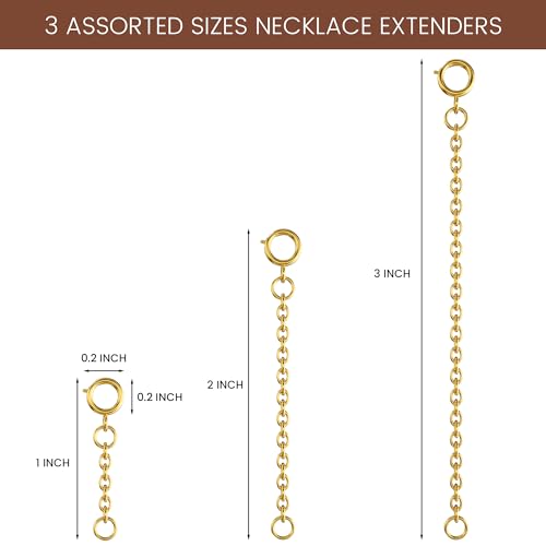 Bonison Necklace Extender Gold - 18k Gold Plated Chain Extenders for Necklaces, Necklaces Bracelet Anklet Extenders for Women Jewelry Making (3 pcs Gold 1 2 3 Inch) - color: 3 pcs Gold (1 2 3 Inch)