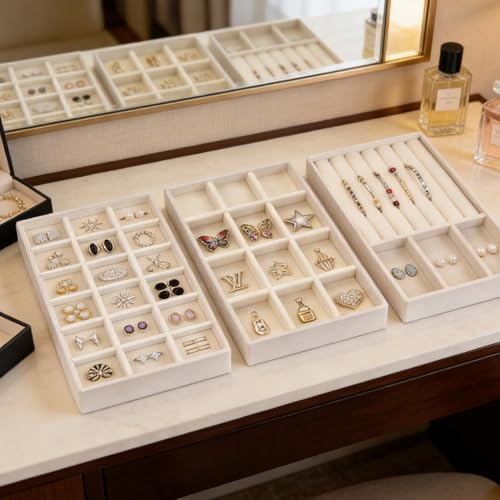 9 Pcs Velvet Jewelry Tray, Stackable Jewelry Organizer, Necklace Bracelet Display Tray, Jewelry Storage Inserts Set for Dresser & Vanity (9)