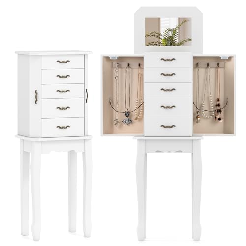 GOFLAME Jewelry Armoire Cabinet with Flip Top Mirror, Standing Jewelry Chest, Top Storage Tray, 4 Storage Drawers, 2 Side Doors with 6 Necklace Hooks, Vintage, Wood Stand Up Jewelry Box, White - color: White, size: 15” x 9” x 33.5”