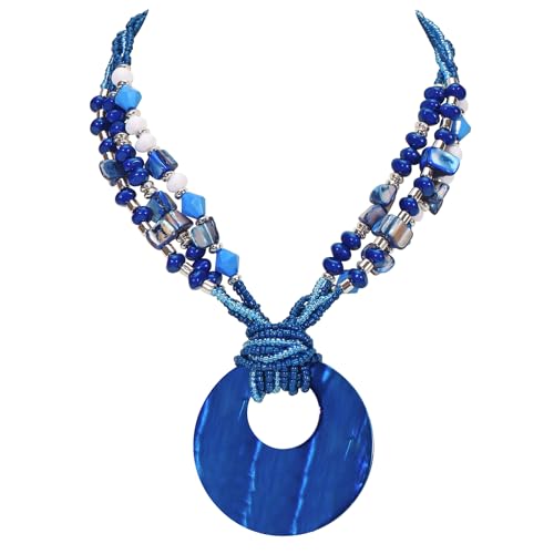 Coiris Shell Pendant Statement Strand Necklace for Women Boho Multi Beads Natural Stone Colorful Necklace Bohemian Handmade Chunky Shell Beaded Collar Jewelry for Women - color: NavyBlue