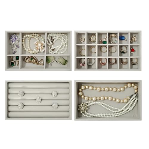 Stackable Jewelry Organizers and Storage with Velvet Jewelry Trays, Earring Organizer and Jewelry Drawer Organizer Inserts for Drawers - color: Grey