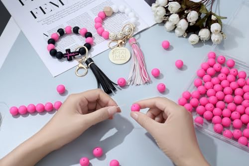 MAIBAOTA 120 Pcs Hot Pink Silicone Beads - 15 mm Round Beads for Keychain, Pens, Bracelet, Necklace Making - Bulk Pack with Boxed Kits - color: Hot pink