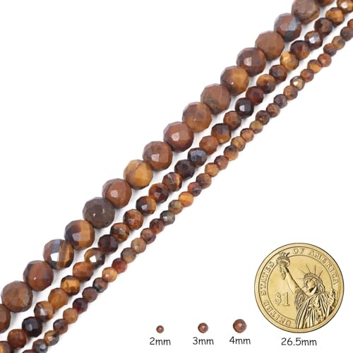 Natural Tiger Eye Beads, 2mm 180pcs Small Round Faceted Loose Gemstones for DIY Jewelry Making, Handmade Bracelet and Necklace Crafting, with Size Card - color: Tiger Eye, size: 2mm