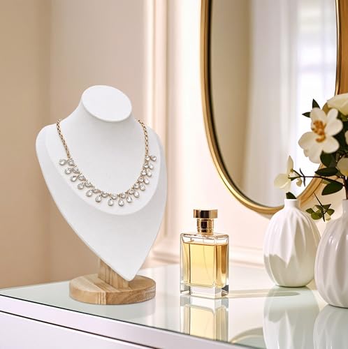MOOCA Necklace Chain Jewelry Display Holder, Jewelry Stand, Necklaces Display Mannequin Bust Stand, Wood Sturdy Base, Cream Suede - color: Cream Suede