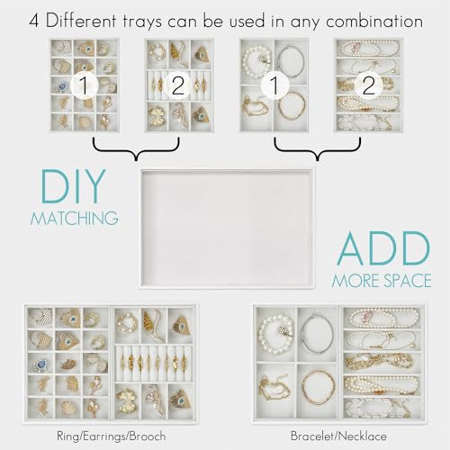VLANDO 6 Grids & Rings Slot Jewelry Tray, Small Jewelry Organizer for Drawer, Stackable Jewelry Organizer Trays, Drawer Jewelry Organizer, Soft Lining DIY Combinations Tray - White