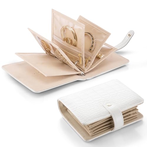 VLANDO Travel Jewelry Organizer Case,Travel Gifts for Women,Portable Jewelry Storage Book Ring Binder with Clear Zipper Velvet Jewelry Pouch Bag-White - color: White Crocodile