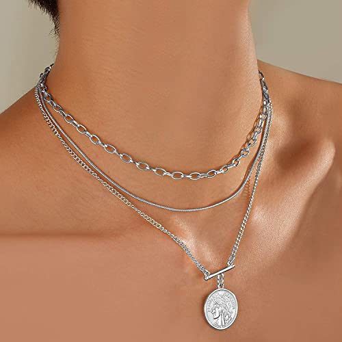 LANE WOODS Gold Plated Necklaces for Women - Multilayer Coin Medallion Pendant Necklace Adjustable Layering Choker Necklaces Chain Set Jewelry - style: Coin Medallion-Silver