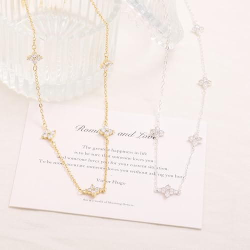 Mothers Day Gifts - Dainty Silver Gold Necklaces for Women Cute Station Choker Simulated Diamond Necklace Simple Layering CZ Necklace Trendy Jewelry Gifts - color: Silver, style: Flower