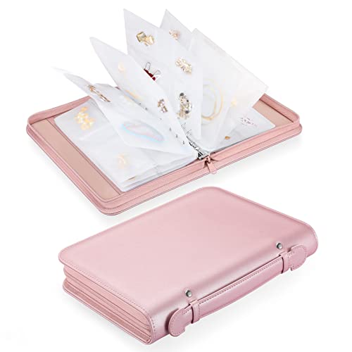 Jewelry Travel Organizer Case, PU Leather Portable Jewelry Storage Book with Transparent Pockets Zipper Bag for Necklaces, Earrings, Bracelets(48 Grids+48 Thicken PVC Bags), Rose Gold - color: Rose Gold