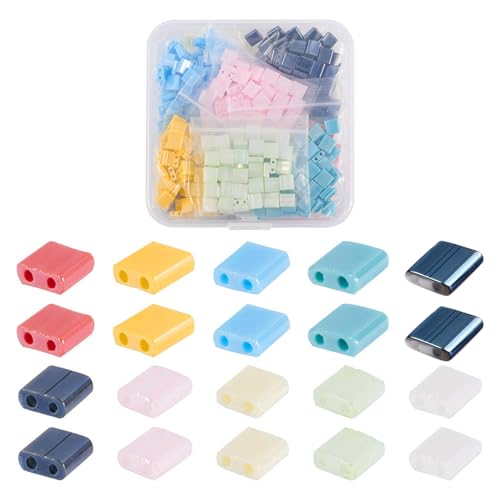 500 Pcs Glass Square Tila Beads - 5mm, 10 Colors, 2 Hole Spacer Beads with Flat Back Cabochons for Jewelry Making - color: 10 Colors-Opaque & Lustered