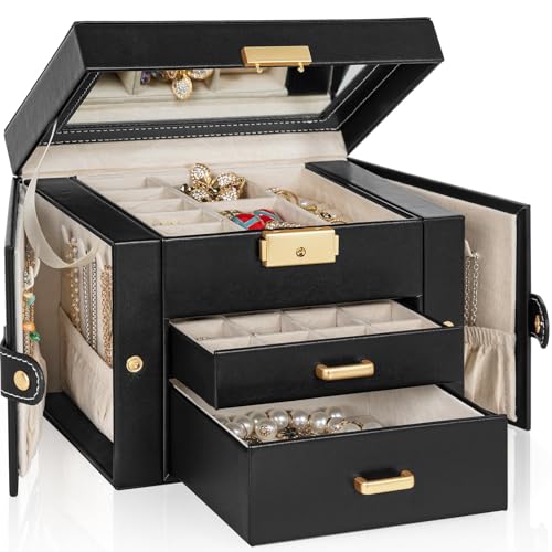 TORIBIO Jewelry Box Organizer, Large Leather Jewelry Boxes for Women Girls, 3 Layer Jewelry Organizers and Storage with Drawer Mirror Lock, Jewelry Case for Necklace Earrings Rings Bracelet, Gift Idea - color: Black + Gold, size: 3 Layer