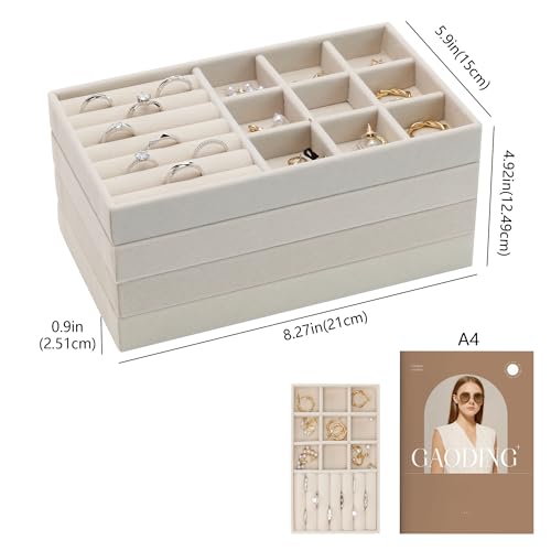 Set of 4 Stackable Jewelry Organizer Trays, Jewelry Drawer Organizer Inserts with Removable Dividers, Jewelry Display Tray Storage for Earring Ring Necklace Bracelet (Beige)