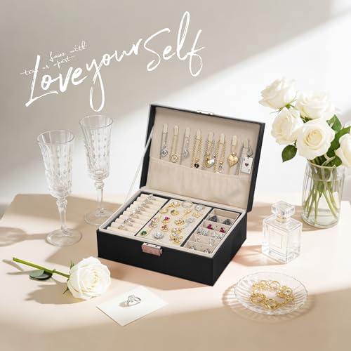 Homeanda Jewelry box 2 layer Jewelry box Leather Jewelry boxes for Women Girls Teens Jewelry organizer box Jewelry Storage box with lock(Black) - color: Black