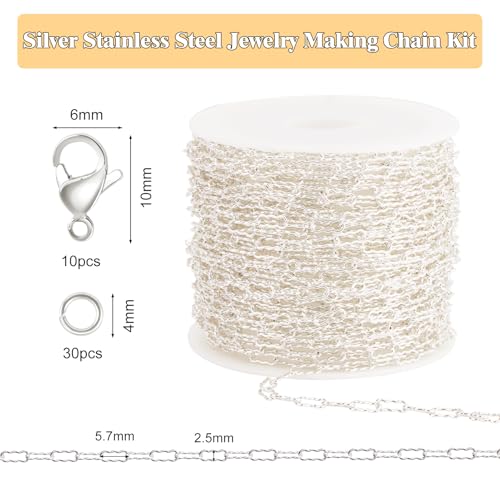 GTVOODX 16.4 Feet Silver Plated Stainless Steel Chains Soldered Krinkle Link Chain for Jewelry Making DIY Craft Jump Rings Lobster Claw Clasps - color: Silver Krinkle