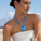 Coiris Shell Pendant Statement Strand Necklace for Women Boho Multi Beads Natural Stone Colorful Necklace Bohemian Handmade Chunky Shell Beaded Collar Jewelry for Women - color: Blue