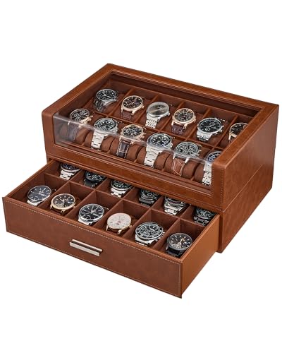ProCase Watch Box for Men, 24 Slots Watch Display Holder with Clear Acrylic Top, Large Capacity PU Leather Case with Drawer Organizer, Jewelry Storage, Ideal Gift for Men Women -Brown - color: Brown, size: 24-Slot