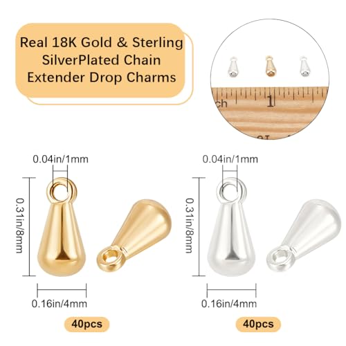 Beebeecraft 1 Box 80Pcs Teardrop Charms Dangle End Beads Extender Chain Drop Water Charms for Jewelry Making Findings - color: Gold and Silver, size: 8x4mm