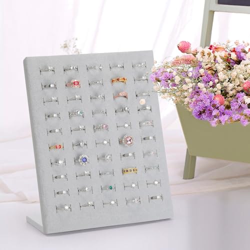 KUKUVR Velvet L-Shaped 50 Slots Ring Earring Holder Display Stand, jewelry Ring Earring Organizer Case Tray for Women & Selling Show (Grey) - color: Grey