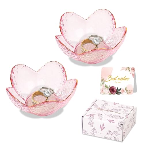 Gifts for Women Trinket Dish Flower Jewelry Dish Pink Glass Ring Holder Jewellery Tray Cute Room Decor Aesthetic Bedroom Accessories Unique Birthday New Home Mothers Day Gifts for Women Friends(2 pcs) - color: 2 Pcs Pink-9cm
