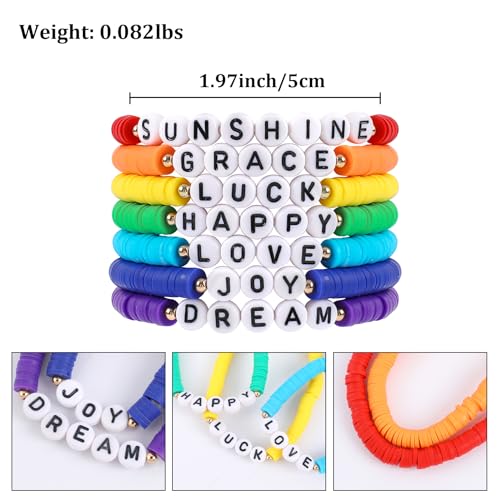 Rainbow Heishi Surfer Bracelets Set for Women Stackable Clay Beaded Bracelets Disc Stretch Preppy Bracelets Layering Colorful Friendship Bracelets Team Cheer Bulk Boho Summer Beach Jewelry Gift - style: LUCK