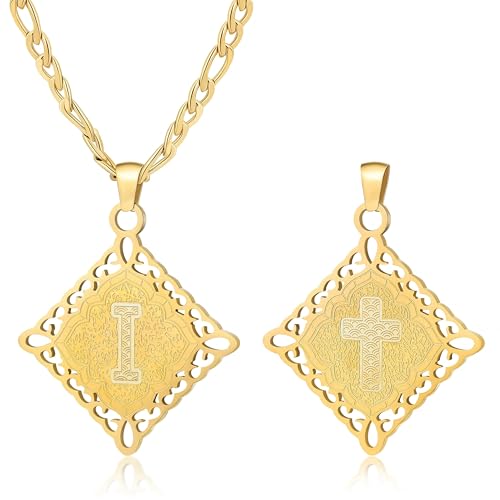 LETFLY Initial Necklaces for Women Men, 18K Gold Plated Letter Cross Pendant Necklace Alphabets A-Z Figaro Chain Jewelry Gifts - color: Rhombic, style: Letter I