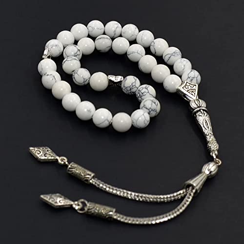 Simple Designed Natural Stone Worry Beads (8 mm -33 Beads) - Prayer Beads Tesbih-Tasbih-Tasbeeh-Misbaha-Subha-Sebha-Sibha-Rosary (Synthetic White Turquoise Stone) - color: White Turquoise Stone