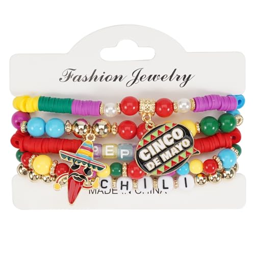 Cinco de Mayo Bracelets for Women, 5Pcs/Set Colorful Beaded Stackable Bracelets with Mexican Fiesta Charms (Sombrero, Chili, Avocado) for Festival Party Daily Wear - color: Style C