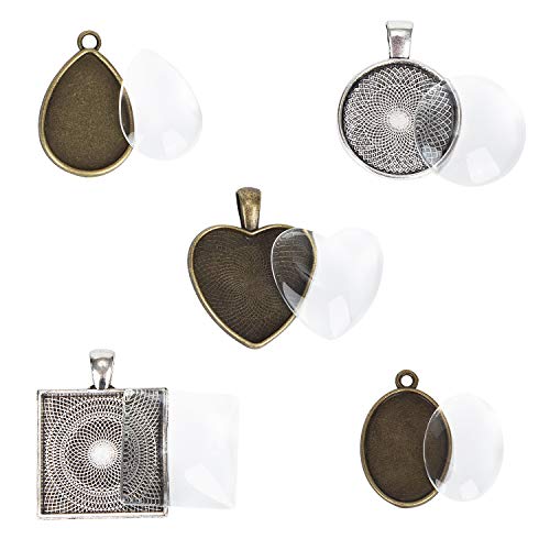 60 Pieces 5 Styles Pendant Trays 30pcs Round & Square & Heart & Teardrop & Oval and 30pcs Bright Glass Cabochon Dome Tiles for Crafting DIY Jewelry Gift Making - color: 30Pcs Metal Pendant+30pcs Bright Glass Cabochon