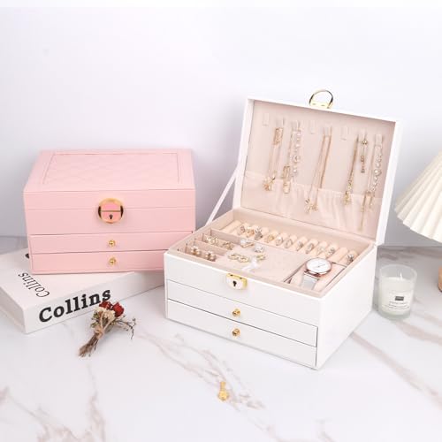 3 Layer Jewelry Box Organizer with Drawers, Lockable PU Leather Jewelry Storage Case for Mothrer's Day gifts Necklace Earring Ring Bracelet Watch, White - color: White