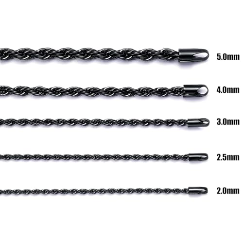 Fiusem 18K Gold Plated Rope Chain for Men, 18K Gold Plated/Black Chain Necklace, Stainless Steel Necklace for Men and Women, Jewelry Gifts - size: 18 Inches, style: Black 2.5mm