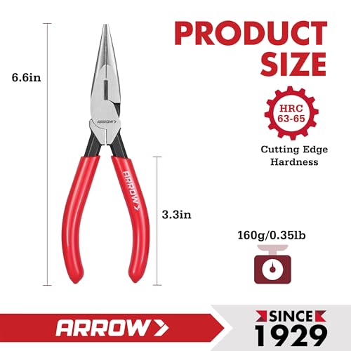 ARROW 6" High Leverage Needle Nose Pliers with Side Cutters, Long Nose Pliers for Gripping, Wire Bending, Cutting - size: 6 INCH