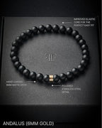 Forge & Foundry Men’s Matte Black Solid Onyx Beaded Bracelet | 10mm, 8mm, 6mm Bead Size Options | Signature Stainless Steel Engraved Bead | Andalus - color: 6mm Gold, size: Small