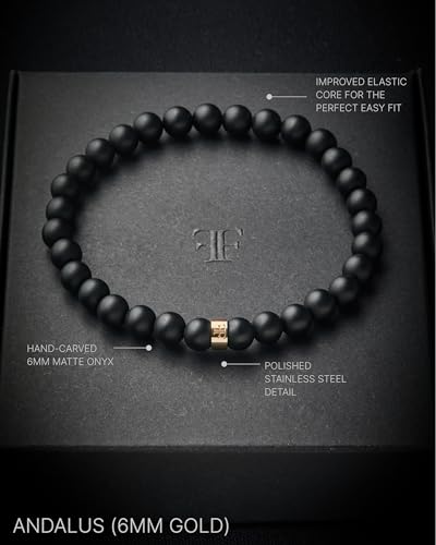 Forge & Foundry Men’s Matte Black Solid Onyx Beaded Bracelet | 10mm, 8mm, 6mm Bead Size Options | Signature Stainless Steel Engraved Bead | Andalus - color: 6mm Gold, size: Medium