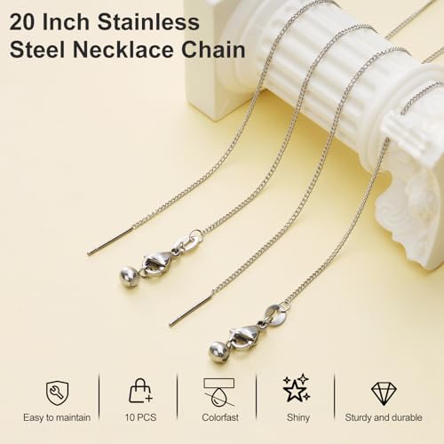 Crisjanggo 10 Pcs Silver Necklace Cable Chain Stainless Steel Chain for Jewelry Making Adjustable Charm Necklace Bulk 20 Inches with Lobster Clasps for Women - color: Re-Silver Cable