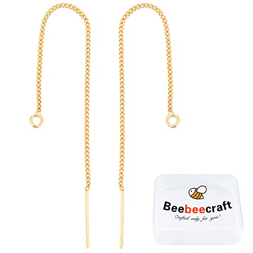 Beebeecraft 1 Box 10Pcs 18K Gold Plated Threader Earrings with 925 Sterling Silver Pins Pull Through Threaded Long Chain Drop Tassel with Loop 3.34inch for Jewelry Making - color: Golden, size: 85mm