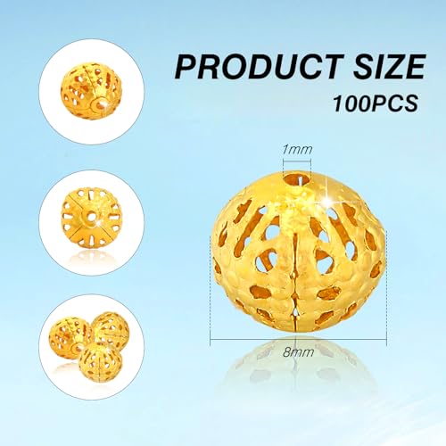 TOAOB 100pcs 8mm Gold Plated Filigree Hollow Ball Beads Round Metal Loose Spacer Beads for DIY Crafts Bracelets Necklaces Earrings Jewelry Making - color: Gold, size: 8mm