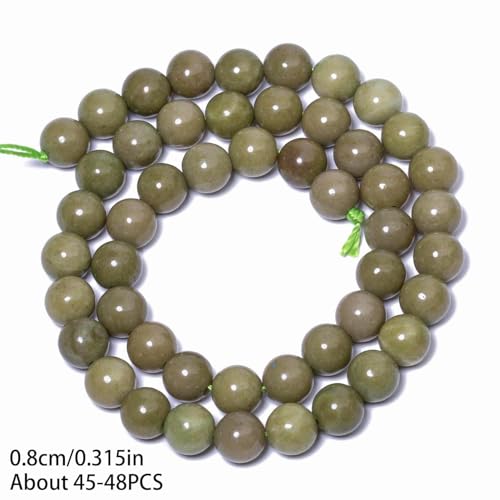 Stone Beads, 45pcs Olive Green Jades, 8mm Round Loose Beads for Jewelry Making, Bracelets, with Bag, String & Card - color: Olive Green Jades, size: 8mm