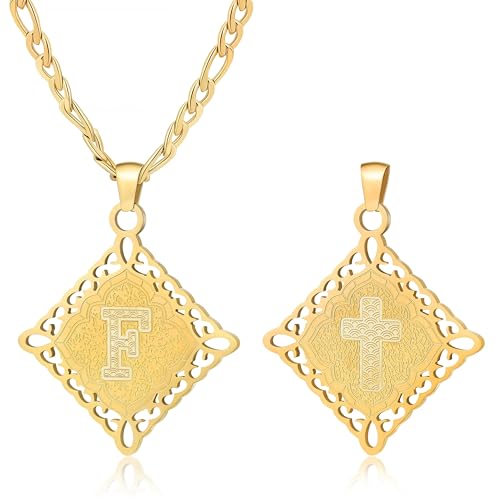 LETFLY Initial Necklaces for Women Men, 18K Gold Plated Letter Cross Pendant Necklace Alphabets A-Z Figaro Chain Jewelry Gifts - color: Rhombic, style: Letter F