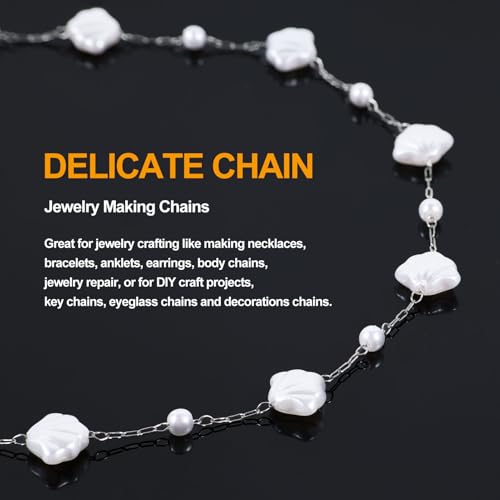 KYUNHOO 16.4 Feet Silver Chains for Jewelry Making Artificial Pearl Bead Chain on Spool with Lobster Clasps and Jump Rings - color: Shell Silver