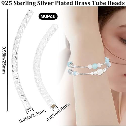 CREATCABIN 80 Pcs Curved Tube Beads Metal Smooth Noodle Beads 925 Sterling Silver Plated Brass Long Curved Spacer Connectors Bulk Tube for Jewelry Making Wrist Anklet Necklace 25mm - color: 02-Silvery