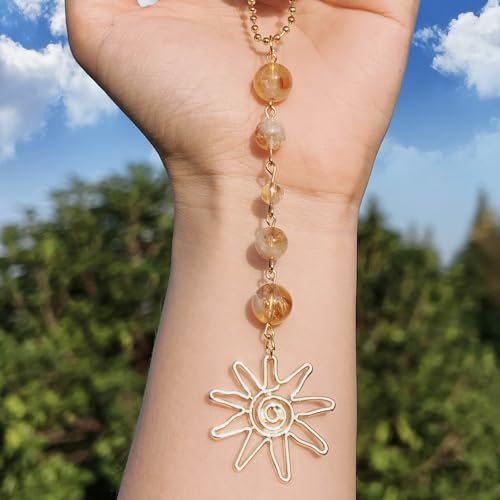 Car Rear View Mirror Accessories Sunny Car Hanging Ornament, Clear Yellow Aventurine Rearview Decor Charm Beaded Crystal Cute Boho Handmade Swinging Interior Decor for Women Men - color: Sunny