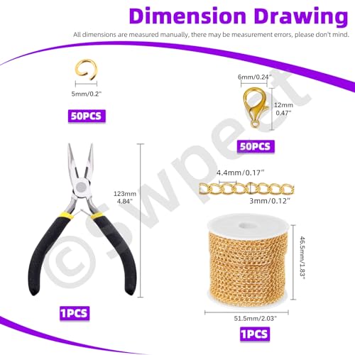 Swpeet 102Pcs Gold 3mm by 10 Yard Length Jewelry Making Chains Kit with Jump Rings, Lobster Clasps and Jewelry Plier, Necklace Chains Flat Cable Link Chain Bulk Ideal for DIY Craft Jewel Making - color: Gold