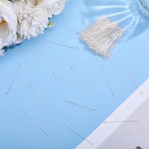 220Pcs Head Pins 925 Sterling Silver Plated Brass Flat Ball Head Eye Pins Jewelry Pins Needles 50.5mm for Earring Bracelet Necklace Jewelry Making Findings Accessory Supplies DIY Craft - size: 50.5x3x0.6mm