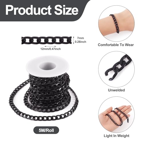 Craftdady 16.4 Feet Aluminum Curb Chain Link Black Twisted Cable Cross Chain Unwelded 12x7mm with Spool for Bracelet Necklace Tassel Earring Jewelry Making - color: Black, 12x7mm