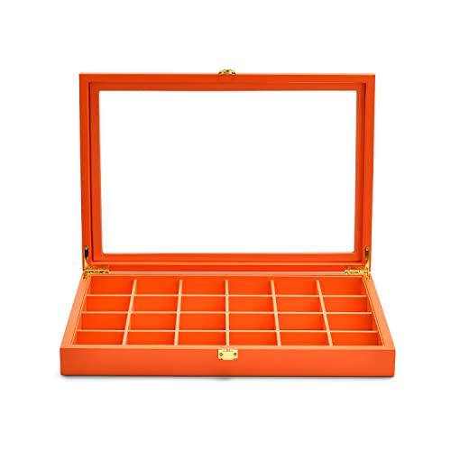 Oirlv 24 Grid Premium Leather Jewelry Organizer Tray with Transparent Lid Jewelry Display Case Drawer Insert Rings Earrings Holder - color: Orange, size: 24 Grid